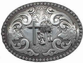 Praying cowboy and horse buckle front view